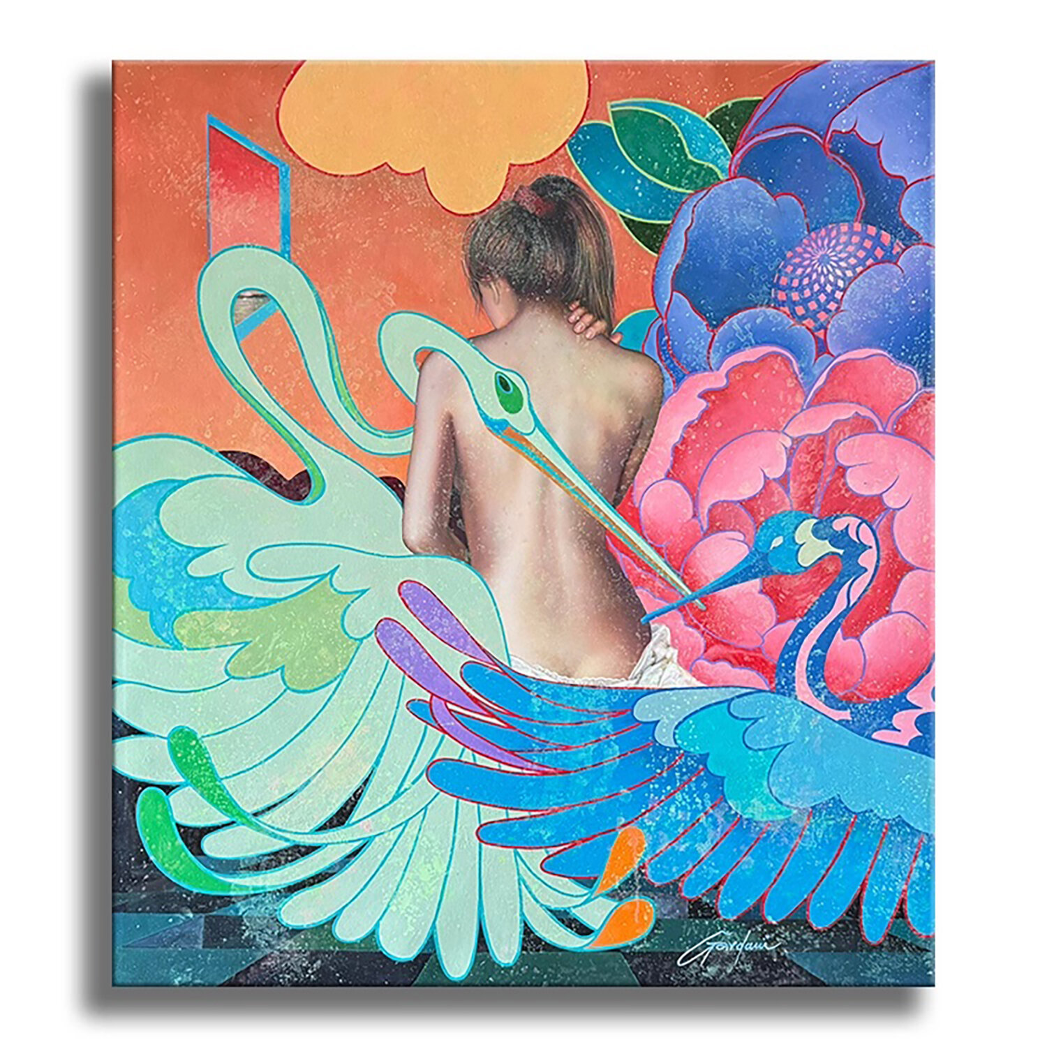 The Guardian Cranes  - Original Painting on Canvas Gardani Originalgemälde zu verkaufen