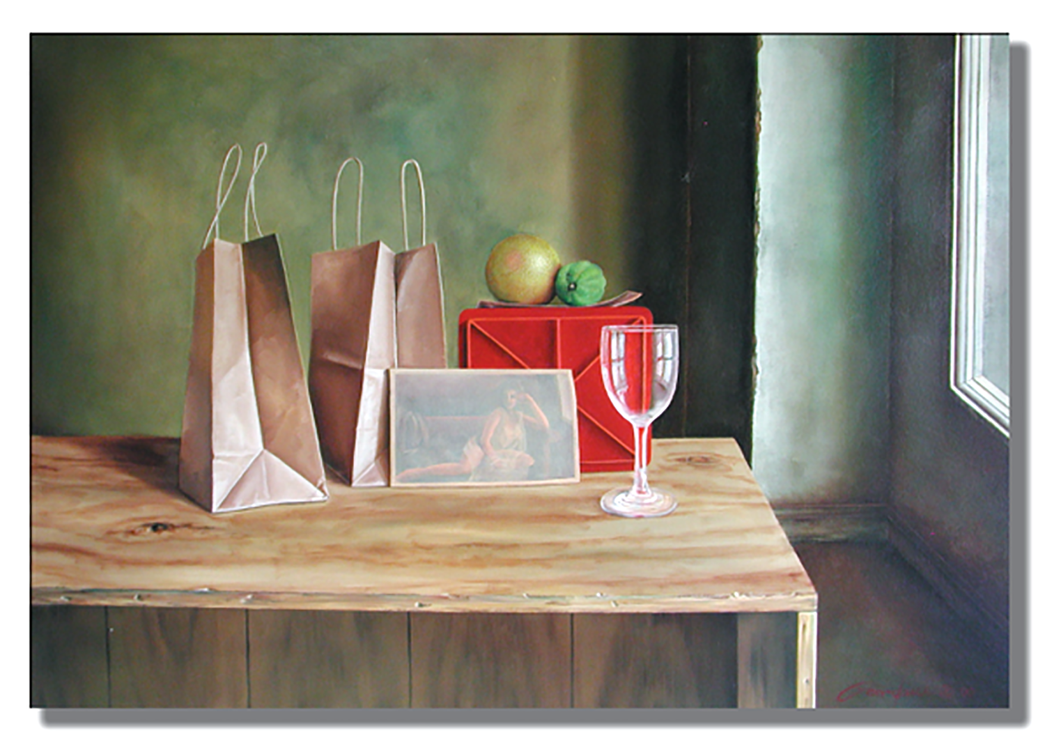 Girl and two bags - Original Painting on Canvas Gardani Peinture originale à vendre