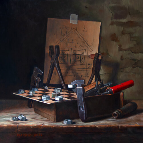 Playing games during work van Mayrig Simonjan, Schilderij te koop op Singulart
