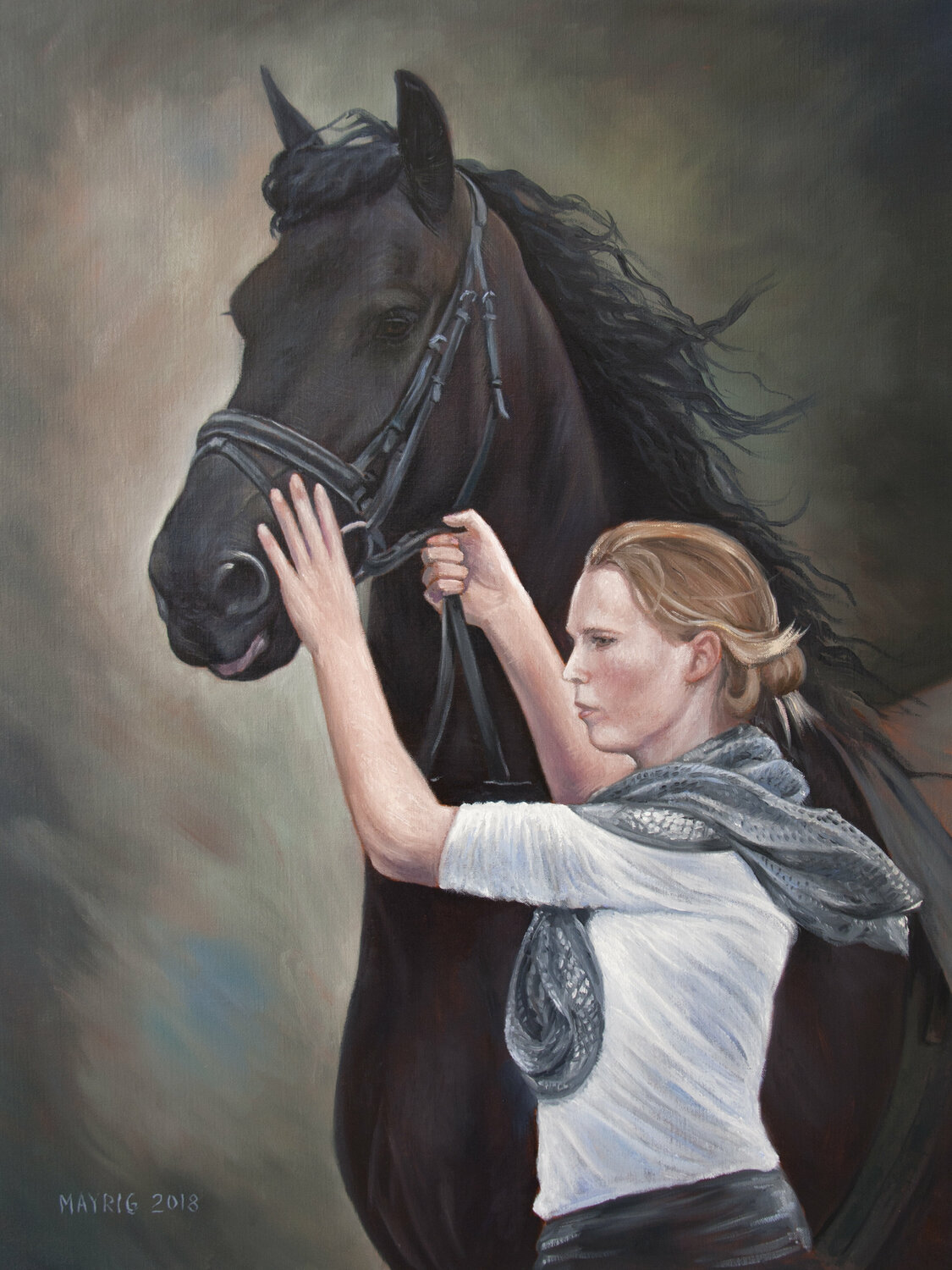 Girl with her Friesian Horse Mayrig Simonjan Originalgemälde zu verkaufen