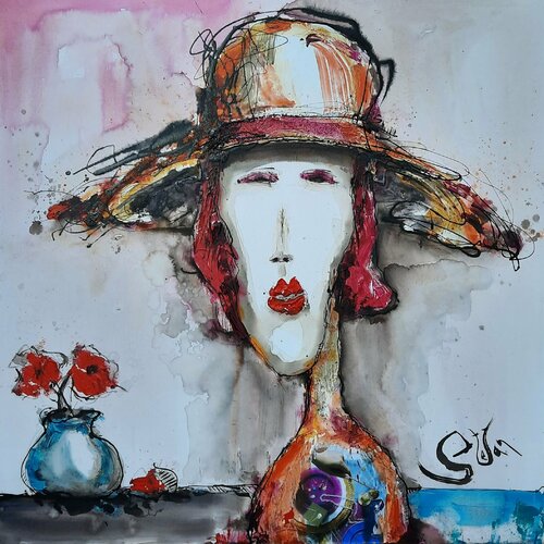 Girl with hat and flowers by Stefan Dimovski, Painting for Sale on Singulart