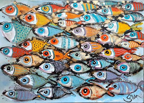 We are swiming in the goldwn river van Stefan Dimovski, Schilderij te koop op Singulart