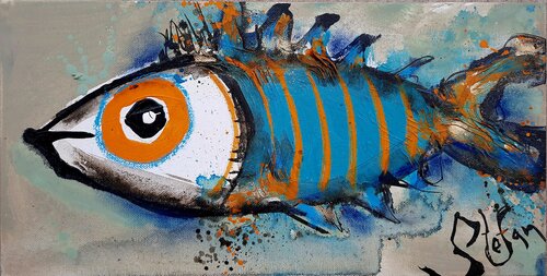 Blue sailor with orange stripes van Stefan Dimovski, Schilderij te koop op Singulart