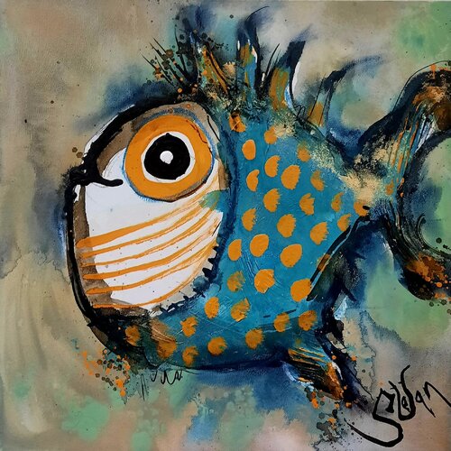 Happy blue fish with dots van Stefan Dimovski, Schilderij te koop op Singulart