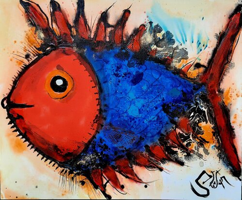 Blue punker with red fins van Stefan Dimovski, Schilderij te koop op Singulart