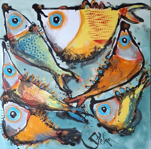 Swimming in the hot water van Stefan Dimovski, Schilderij te koop op Singulart