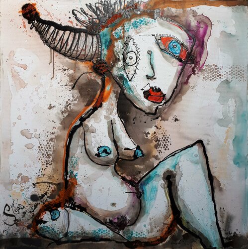Woman with one horn van Stefan Dimovski, Schilderij te koop op Singulart