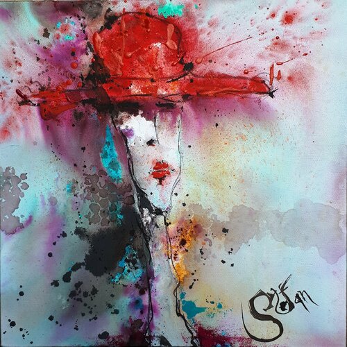 Girl with rad hat van Stefan Dimovski, Schilderij te koop op Singulart