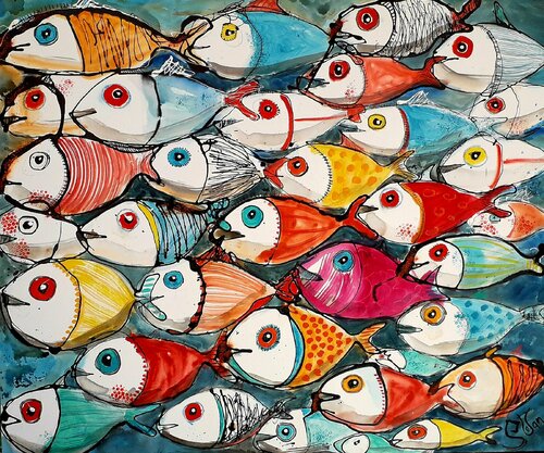 FLOCK OF FISH van Stefan Dimovski, Schilderij te koop op Singulart