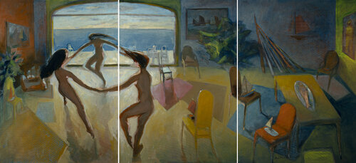 Les chaises musicales  - triptyque di Bertrand De Miollis, Pittura in vendita su Singulart