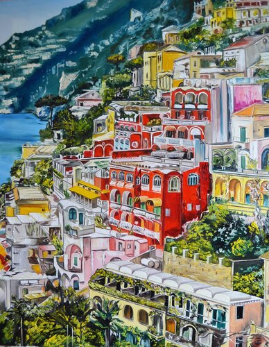 Positano: Rainbow City de Valeria Radzievska, Pintura a la venta en Singulart