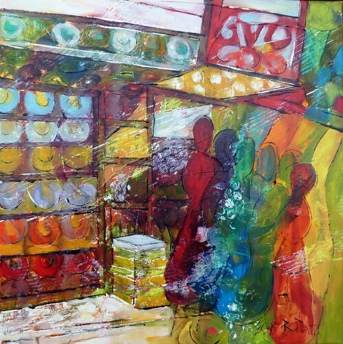 "Défilé de Saris" Varanasi di Barbara Piatti, Pittura in vendita su Singulart