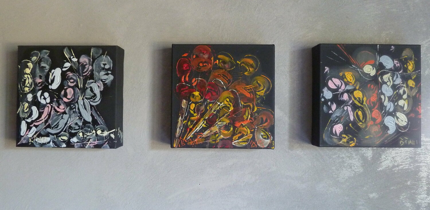 "Le singe noir, les sans dents & les crabes"   triptyque 3 x 20 x 20 cm Barbara Piatti Originalgemälde zu verkaufen