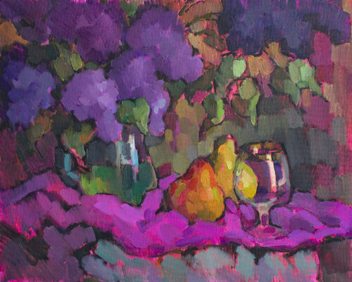 Bouquet of purple lilac on purple background. van Vera Bondare, Schilderij te koop op Singulart