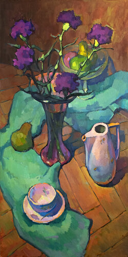 The bouquet of carnations on green van Vera Bondare, Schilderij te koop op Singulart
