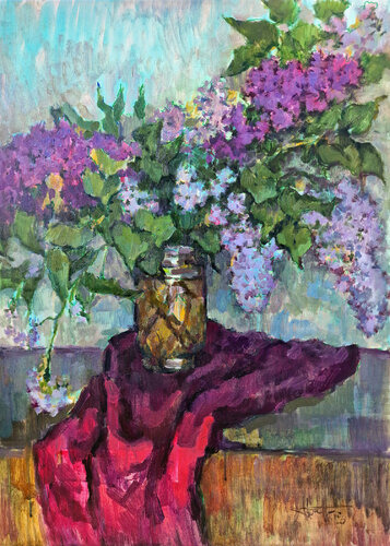 Bouquet of purple lilac on purple background. van Vera Bondare, Schilderij te koop op Singulart
