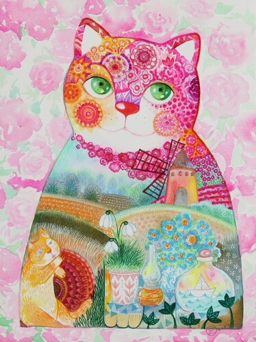 Printemps chat! van Oxana Zaika, Werk op papier te koop op Singulart