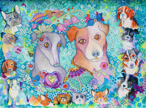 Chiens et les myosotis van Oxana Zaika, Werk op papier te koop op Singulart
