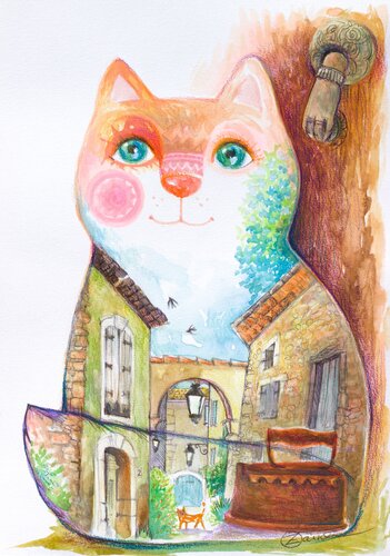 Chat  d'Autignac van Oxana Zaika, Werk op papier te koop op Singulart