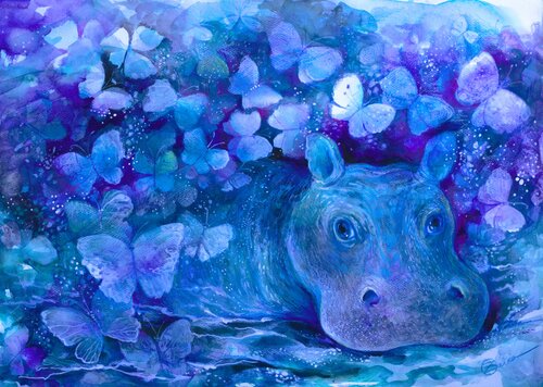 Blue hippo van Oxana Zaika, Werk op papier te koop op Singulart