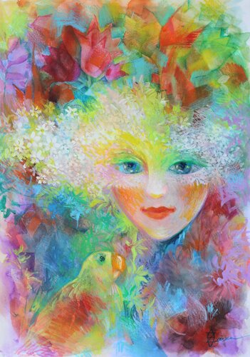 Jeune femme avec un perroquet di Oxana Zaika, Opera su carta in vendita su Singulart