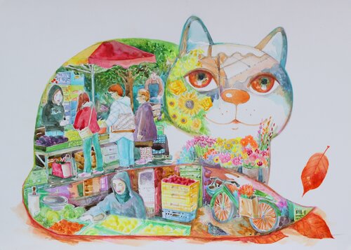 Chat   au marché di Oxana Zaika, Pittura in vendita su Singulart
