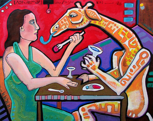 Dinner With Bacchus Giraffe van Skip Myers, Schilderij te koop op Singulart