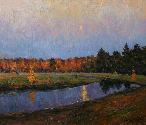 Purple Evening - evening landscape painting di Nikolay Dmitriev, Pittura in vendita su Singulart