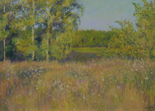The Warm Summer Sunset - sunny landscape painting van Nikolay Dmitriev, Schilderij te koop op Singulart