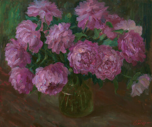 The Bouquet Of Pink Peonies. Original Spring Floral Still Life. Oil Painting di Nikolay Dmitriev, Pittura in vendita su Singulart