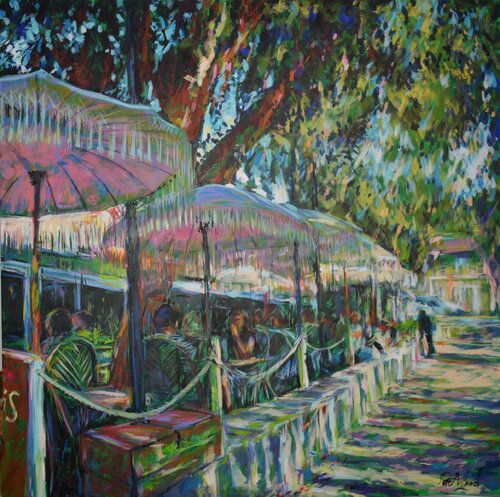Secrets 30 - 2021 - Cafe in Porquerolles van Peter Wood, Schilderij te koop op Singulart