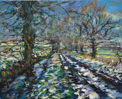Snow at Carr Lane, Saxby all saints. N. Lincs di Peter Wood, Pittura in vendita su Singulart
