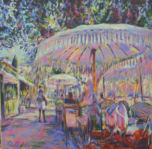 Secrets series 4 - 2021 - No 6 - Vin rouge et frites - Cafe in Porquerolles von Peter Wood, Malerei kaufen auf Singulart