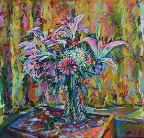 Spring lilies in half light by Peter Wood, Painting for Sale on Singulart