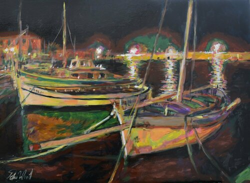 Provence fishing boats at night. von Peter Wood, Malerei kaufen auf Singulart