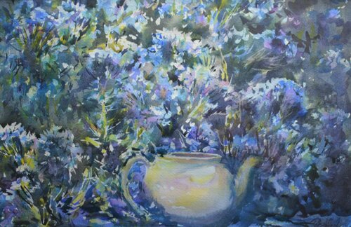 4.  Tea pot in blue flowers. Watercolour. von Peter Wood, Werk auf Papier kaufen auf Singulart
