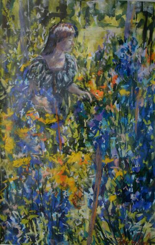 8. Rosie in Delphiniums  Pastel, water and acrylic inks von Peter Wood, Werk auf Papier kaufen auf Singulart