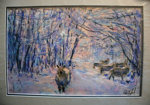 18. Sheep in woodland snow. Pastels & chinagraph pencil. von Peter Wood, Werk auf Papier kaufen auf Singulart