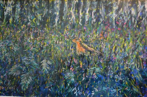 20. Hare in Bluebells. Pastels. von Peter Wood, Werk auf Papier kaufen auf Singulart