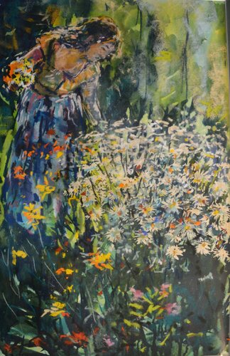 23. Flower lady. Watercolour. Pastels & acrylic inks. von Peter Wood, Werk auf Papier kaufen auf Singulart