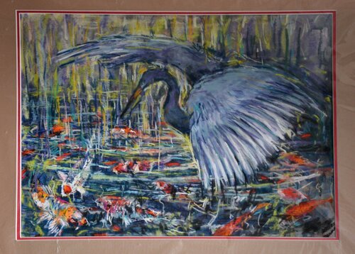 45. Heron over Koi Carp. Pastel. von Peter Wood, Werk auf Papier kaufen auf Singulart