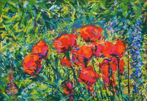 55. Late afternoon poppies. Pastels di Peter Wood, Opera su carta in vendita su Singulart