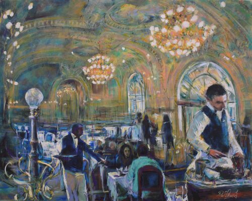 Secrets 14 2022 Lunch at Le Train Bleue di Peter Wood, Pittura in vendita su Singulart