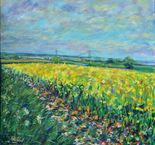 Southbank flowers to the Humber Bridge. van Peter Wood, Schilderij te koop op Singulart