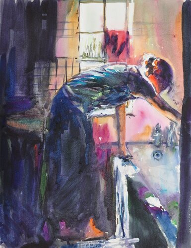 2022 2 watercolour bath time 21 x 26 framed von Peter Wood, Malerei kaufen auf Singulart