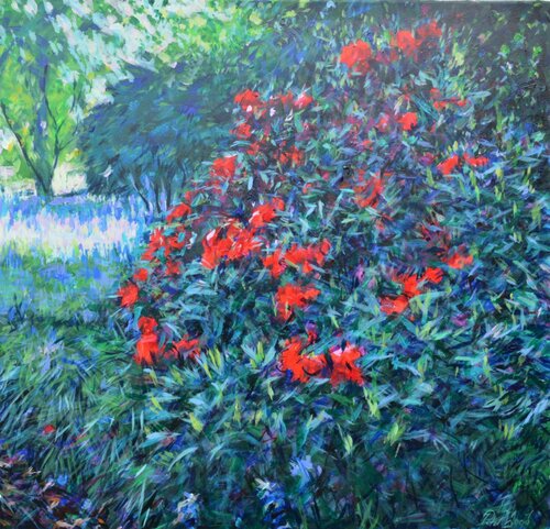 Rhododendrons & bluebells van Peter Wood, Schilderij te koop op Singulart