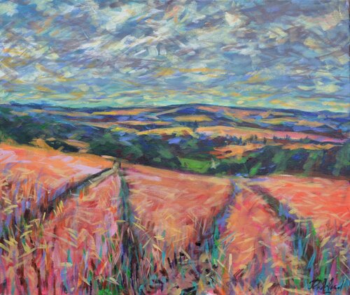 Wiltshire Corn field evening light van Peter Wood, Schilderij te koop op Singulart