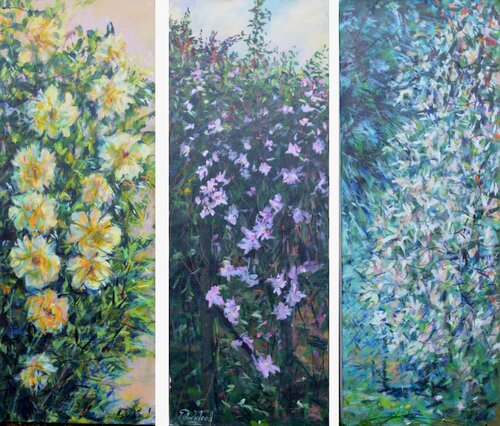 2022 1 Floral triptych 37 x 80 van Peter Wood, Schilderij te koop op Singulart