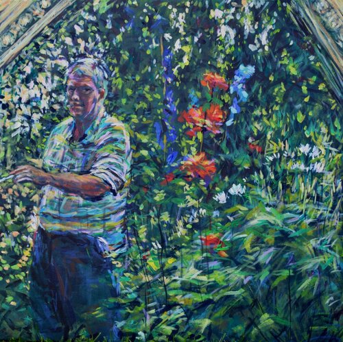 Self portrait in my flower beds. 2. von Peter Wood, Malerei kaufen auf Singulart
