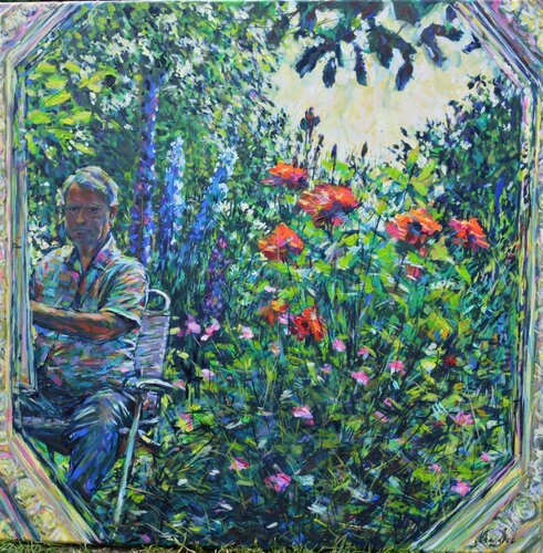 Self portrait, en plein air in my gardens. von Peter Wood, Malerei kaufen auf Singulart